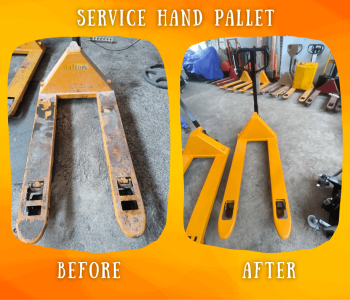 Dalam foto before after service hand pallet ini, dapat dilihat unit tampak seperti baru karena kami berikan gratis pengecatan unit